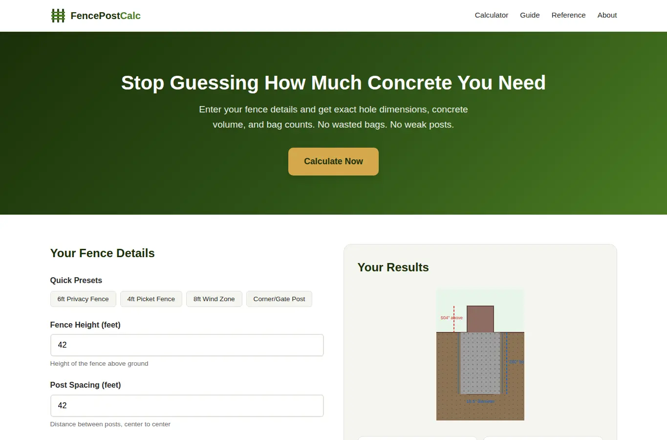 Screenshot of Fence Post Concrete Calculator interface showing the project page in use
